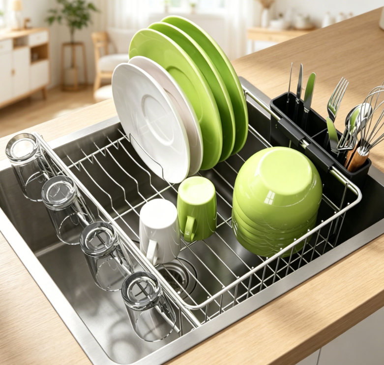 Expandable Stainless Steel In-Sink Dish Rack with Built-in Plate Holder & Cutlery Caddy (Silver)