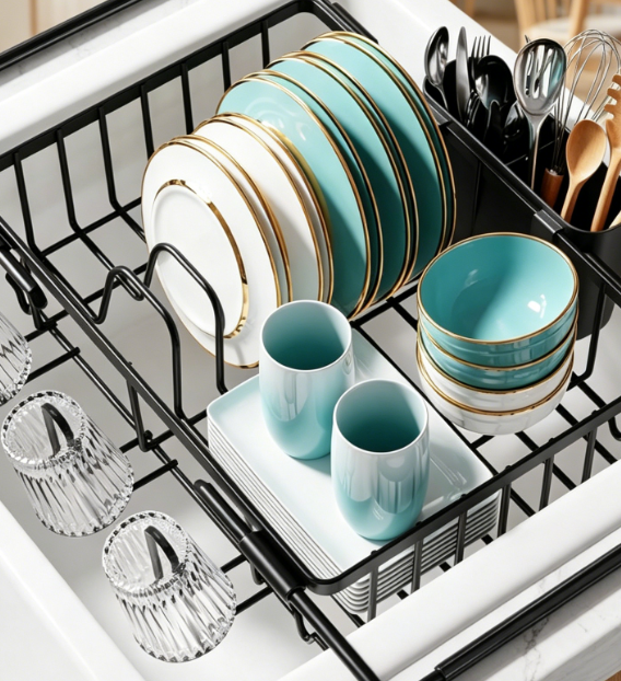 Adjustable Over-the-Sink Dish Rack – Stainless Steel Plate & Cutlery Organizer (Includes Cup Holder) (Black)