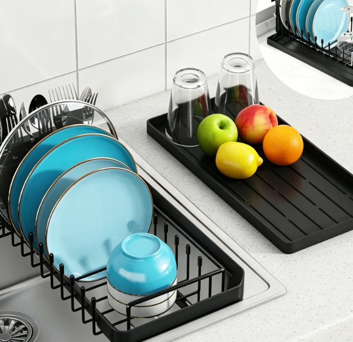 Expandable In-Sink Dish Rack – Compact Plate & Cutlery Holder (Includes Silicone Drip Tray)