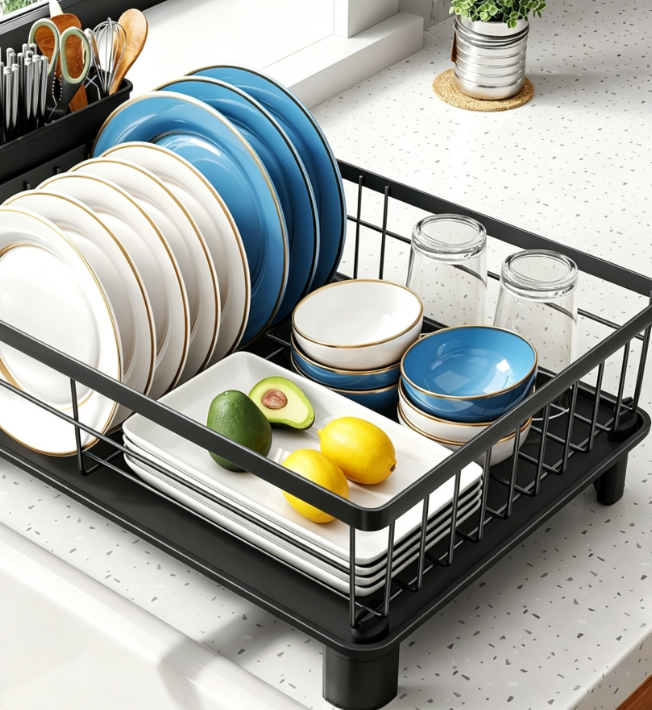 Space-Saving Dish Rack (Includes Drip Tray) – Stainless Steel Plate & Cutlery Organizer